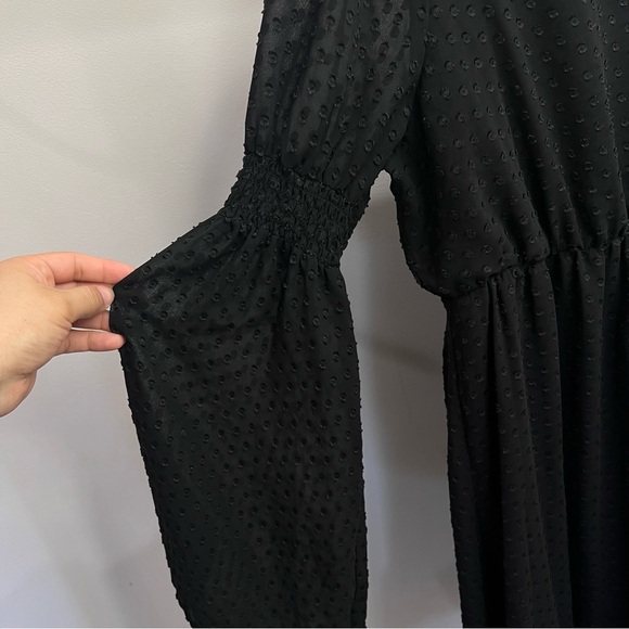 Torrid Black Dress Textured Stitch Chiffon Skater Dress Bell Sleeve Stretch Tie - Picture 6 of 7